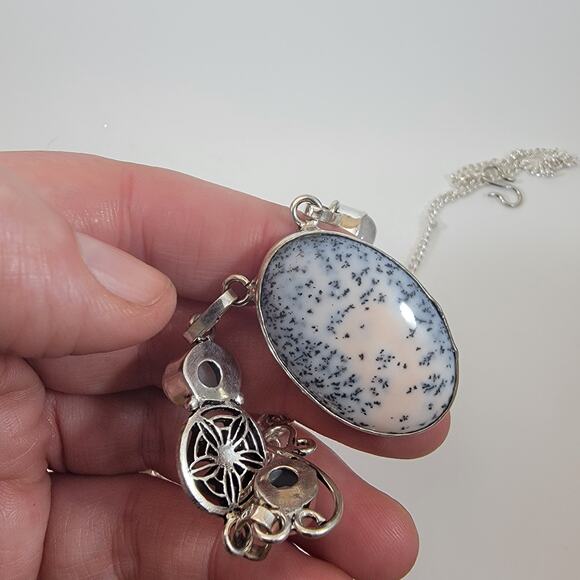 Handmade Dendritic Agate Necklace Sterling Silver Moonstone Accent Unique Design - Picture 8 of 10